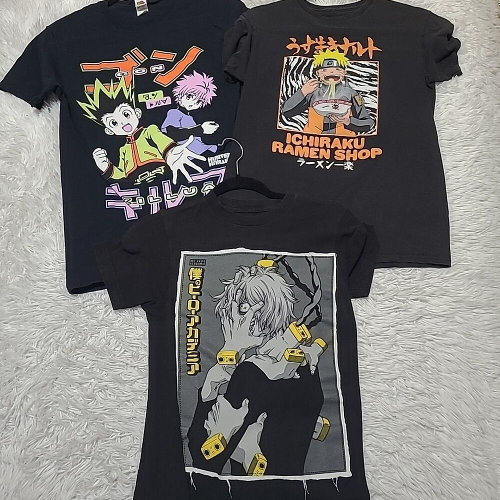 Lot of 3 Men's Graphic Tee Shirts Size S XS Japanese Ramen Hunter My Hero Faded
